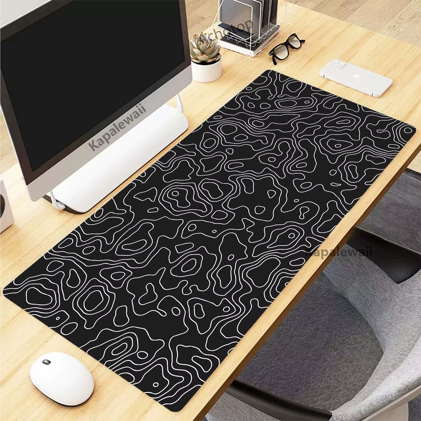 XXL Black and White Topographic Map Art Mouse Pad - 900x400mm Rubber Gaming Mouse Mat and Keyboard Accessory