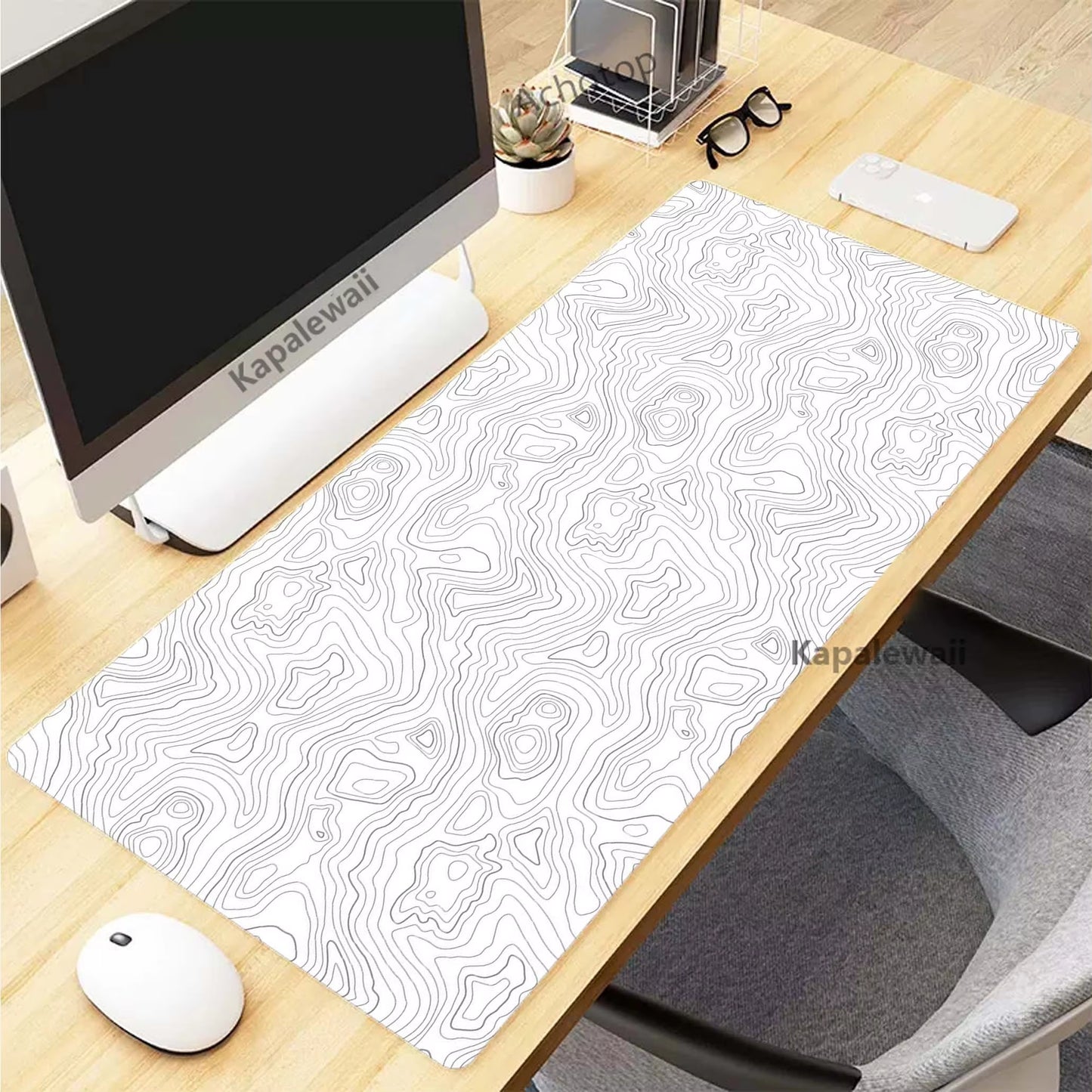 XXL Black and White Topographic Map Art Mouse Pad - 900x400mm Rubber Gaming Mouse Mat and Keyboard Accessory