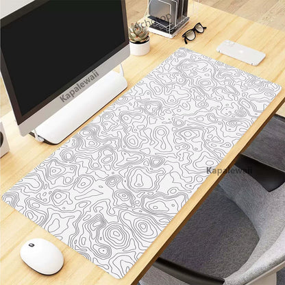 XXL Black and White Topographic Map Art Mouse Pad - 900x400mm Rubber Gaming Mouse Mat and Keyboard Accessory