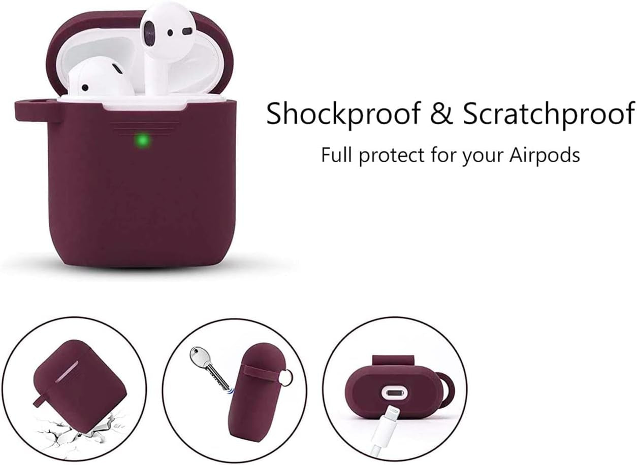 Silicone Protective Case Cover for AirPods 1 & 2 with Keychain and Pompom, Elegant Burgundy Design - Ideal Gift for Women and Girls