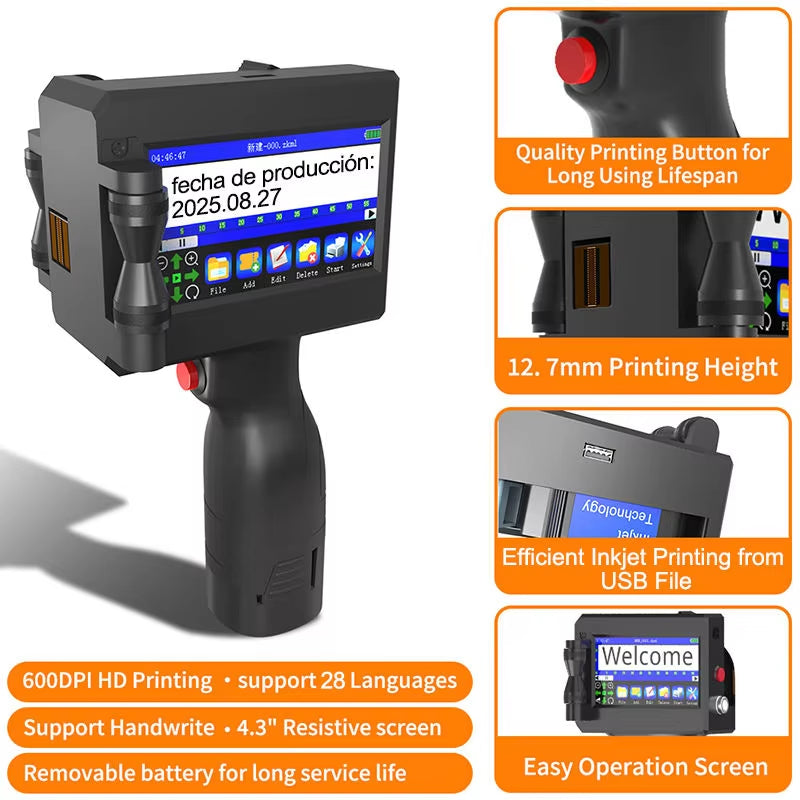 12.7MM Portable Handheld Inkjet Printer for Production Date and Barcode Label Coding with Quick-Drying Technology