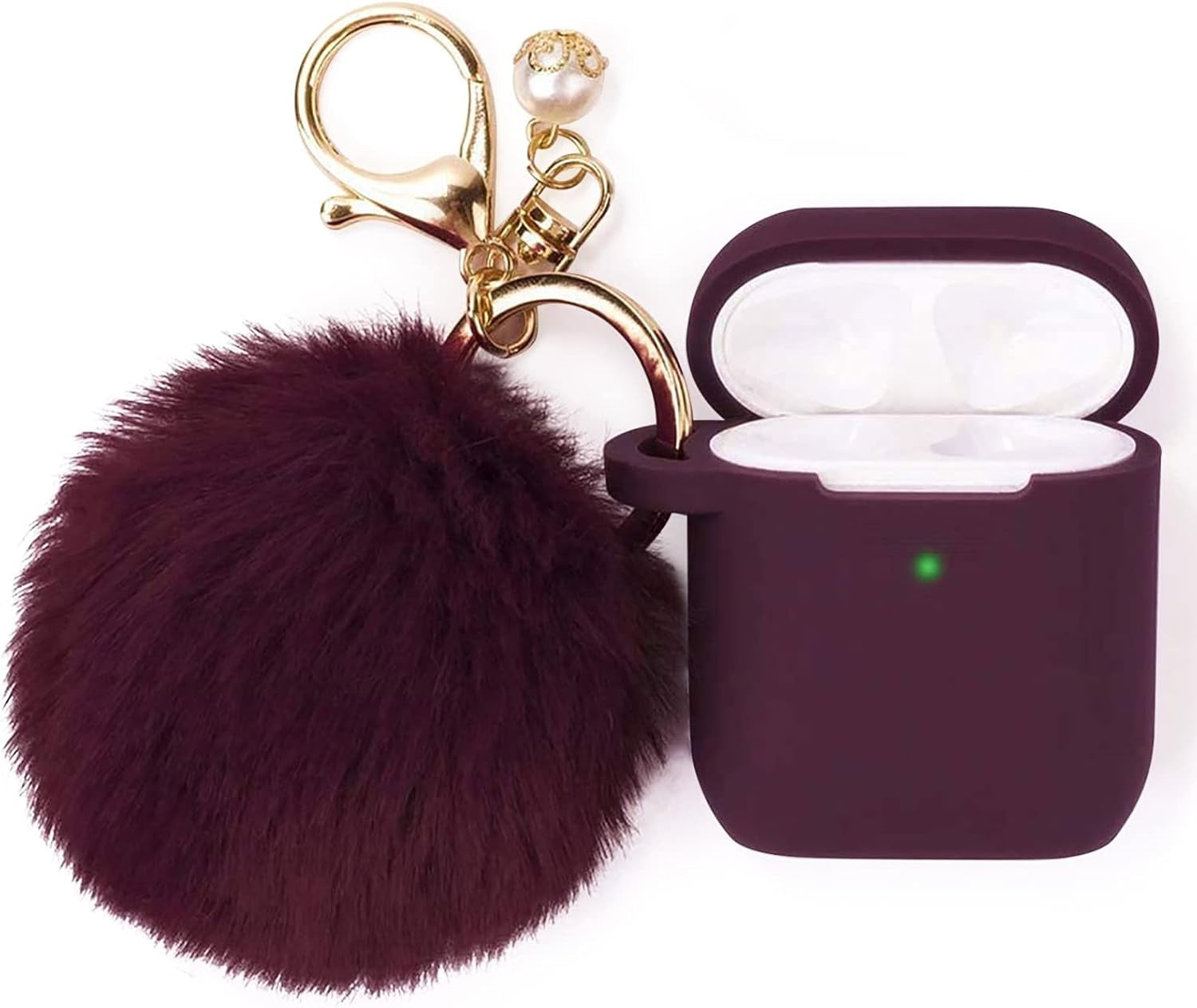 Silicone Protective Case Cover for AirPods 1 & 2 with Keychain and Pompom, Elegant Burgundy Design - Ideal Gift for Women and Girls
