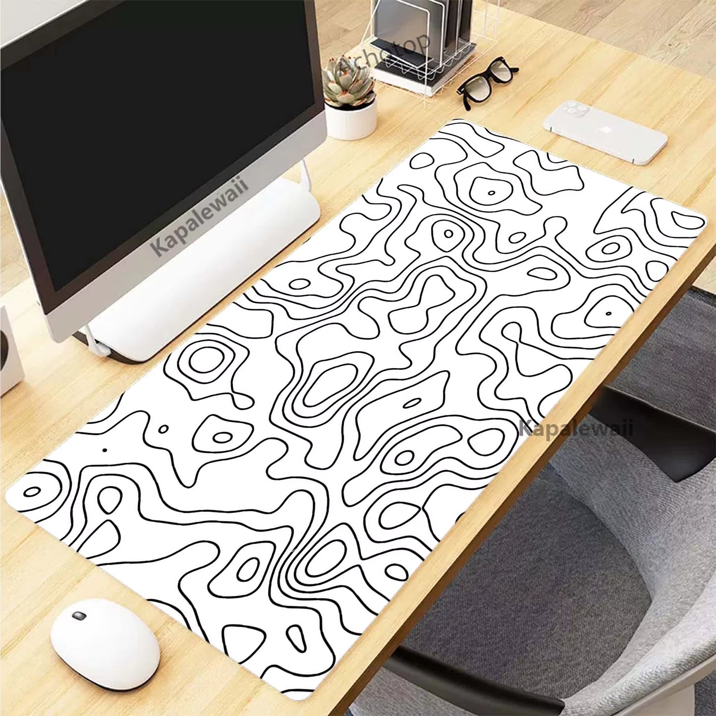 XXL Black and White Topographic Map Art Mouse Pad - 900x400mm Rubber Gaming Mouse Mat and Keyboard Accessory