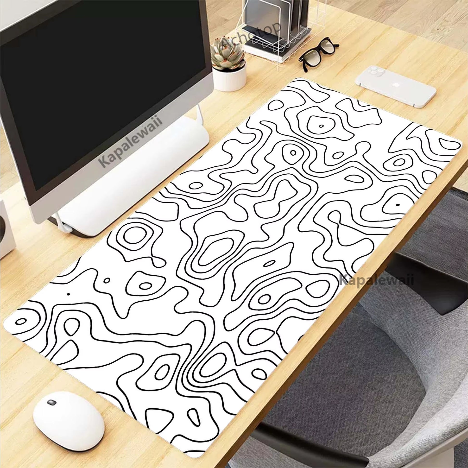 XXL Black and White Topographic Map Art Mouse Pad - 900x400mm Rubber Gaming Mouse Mat and Keyboard Accessory