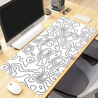 XXL Black and White Topographic Map Art Mouse Pad - 900x400mm Rubber Gaming Mouse Mat and Keyboard Accessory