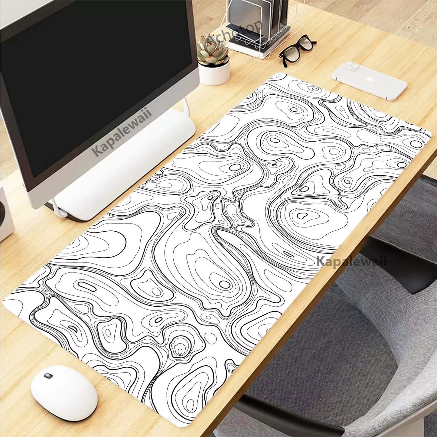 XXL Black and White Topographic Map Art Mouse Pad - 900x400mm Rubber Gaming Mouse Mat and Keyboard Accessory