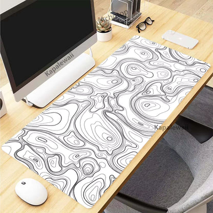 XXL Black and White Topographic Map Art Mouse Pad - 900x400mm Rubber Gaming Mouse Mat and Keyboard Accessory