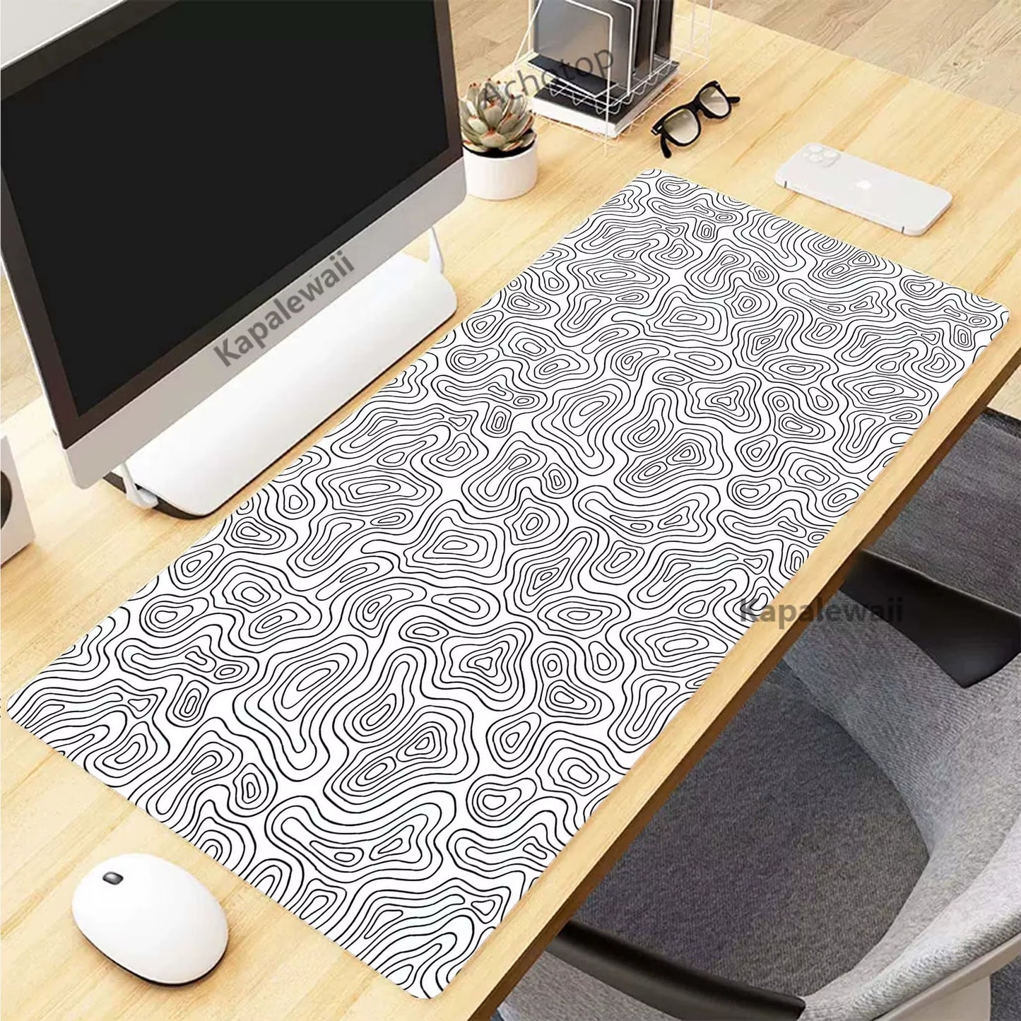 XXL Black and White Topographic Map Art Mouse Pad - 900x400mm Rubber Gaming Mouse Mat and Keyboard Accessory