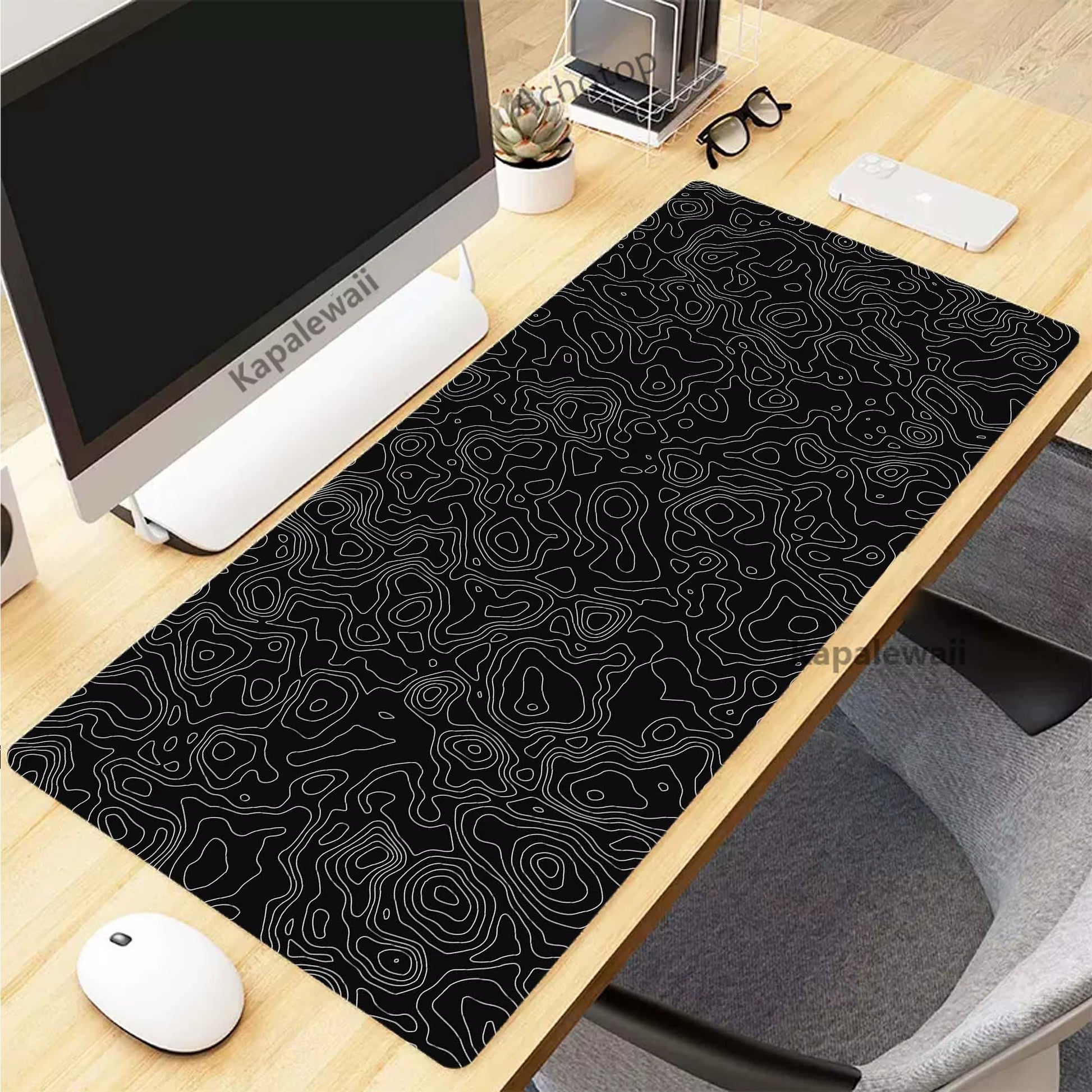XXL Black and White Topographic Map Art Mouse Pad - 900x400mm Rubber Gaming Mouse Mat and Keyboard Accessory