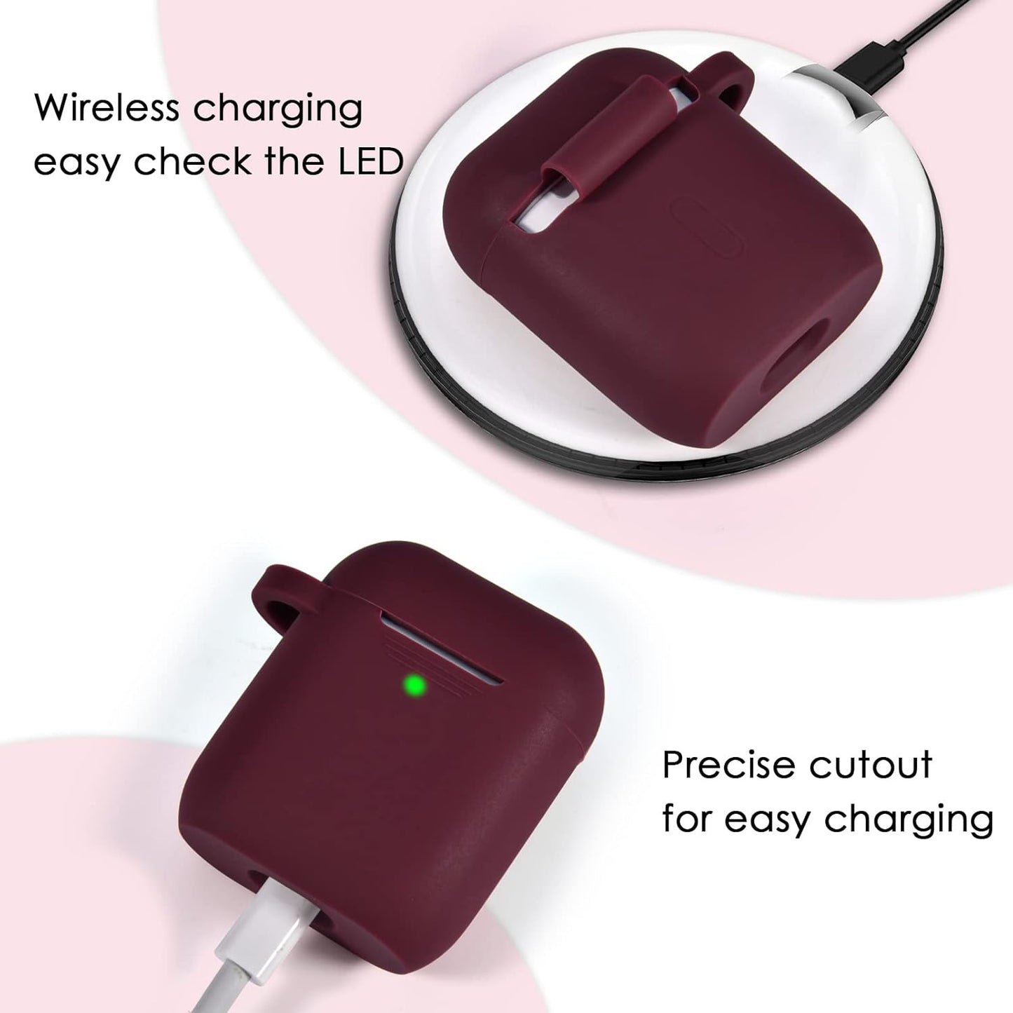 Silicone Protective Case Cover for AirPods 1 & 2 with Keychain and Pompom, Elegant Burgundy Design - Ideal Gift for Women and Girls