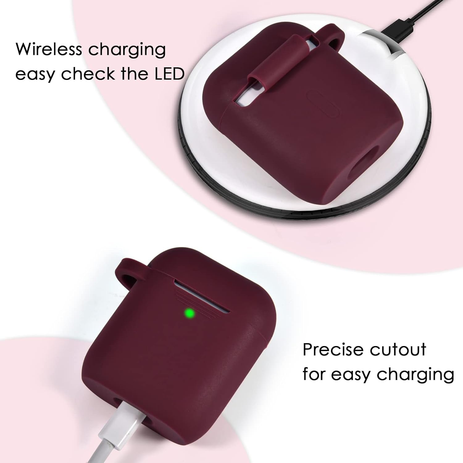 Silicone Protective Case Cover for AirPods 1 & 2 with Keychain and Pompom, Elegant Burgundy Design - Ideal Gift for Women and Girls