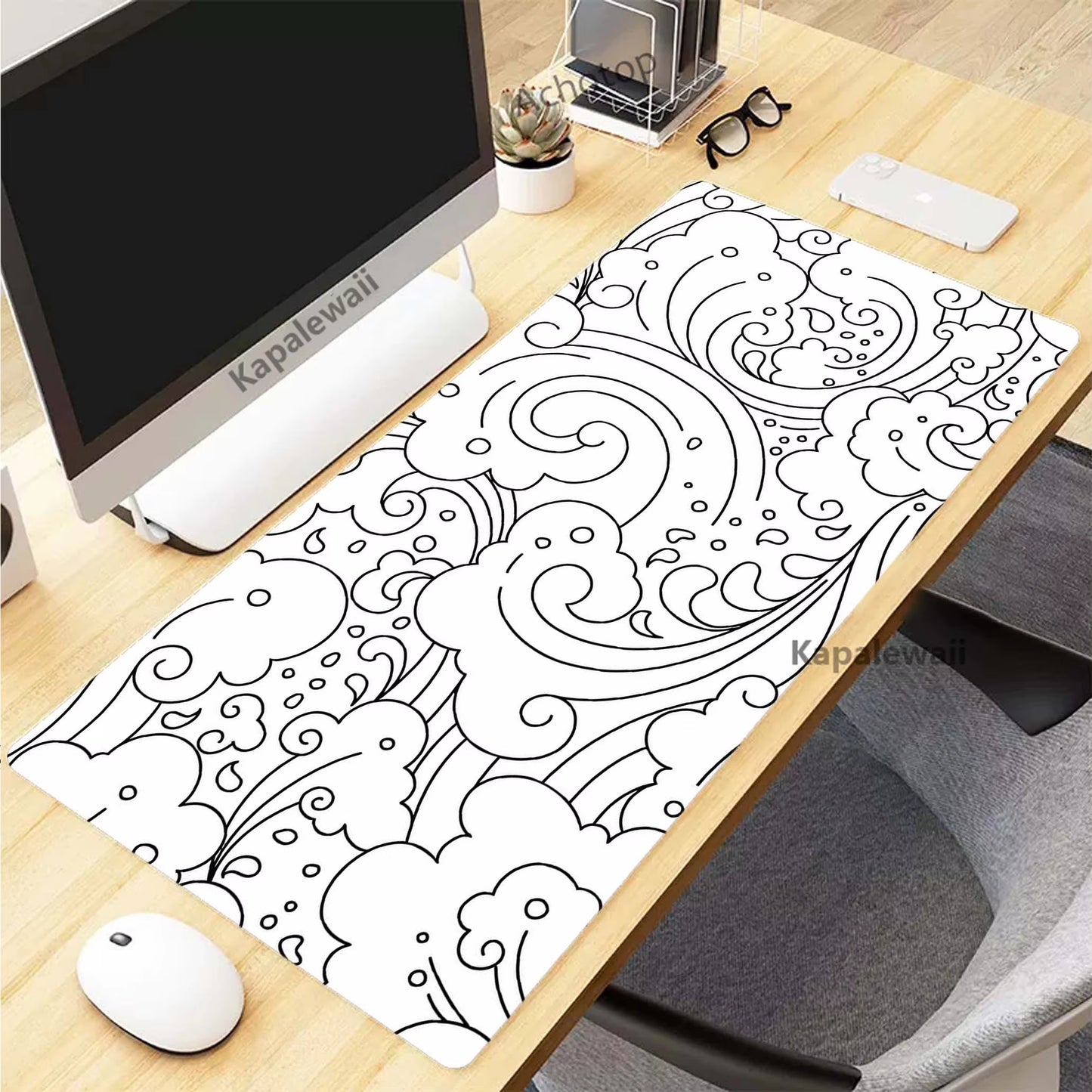 XXL Black and White Topographic Map Art Mouse Pad - 900x400mm Rubber Gaming Mouse Mat and Keyboard Accessory