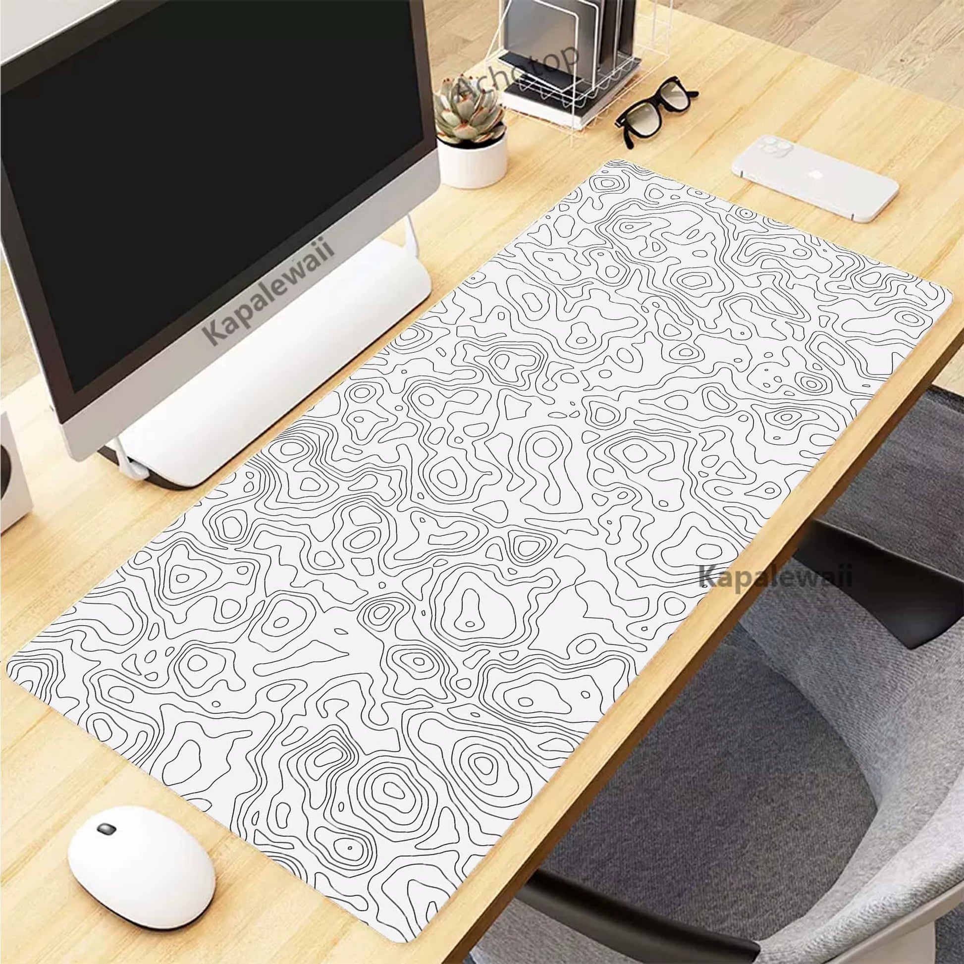 XXL Black and White Topographic Map Art Mouse Pad - 900x400mm Rubber Gaming Mouse Mat and Keyboard Accessory