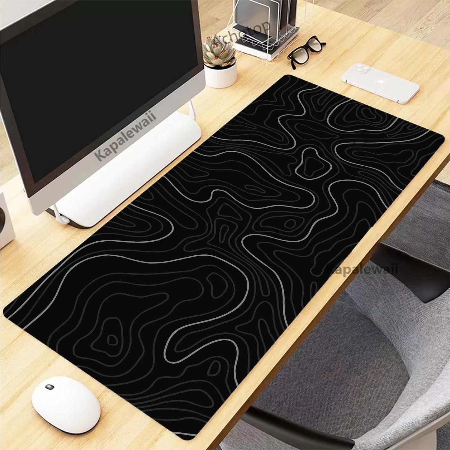 XXL Black and White Topographic Map Art Mouse Pad - 900x400mm Rubber Gaming Mouse Mat and Keyboard Accessory