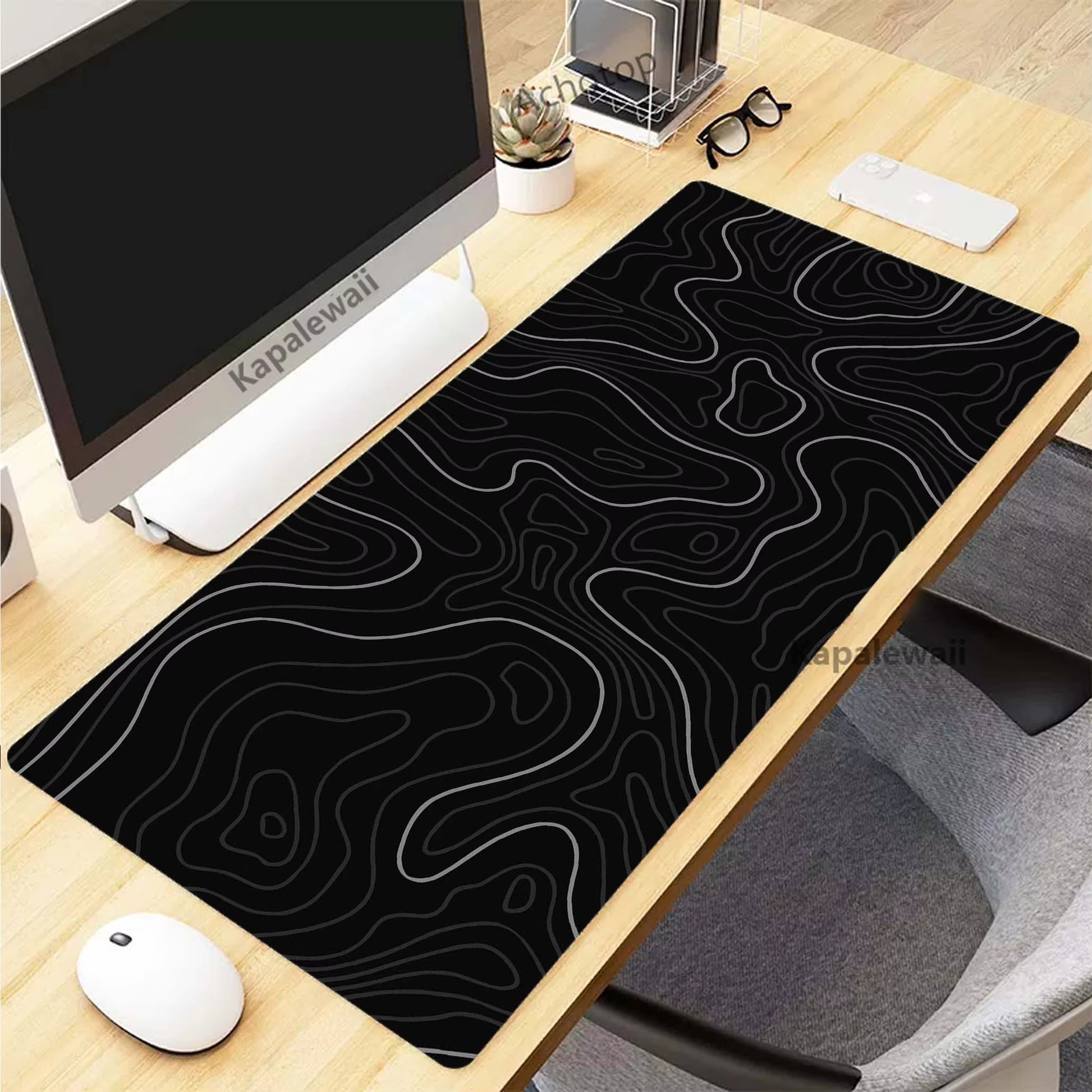 XXL Black and White Topographic Map Art Mouse Pad - 900x400mm Rubber Gaming Mouse Mat and Keyboard Accessory