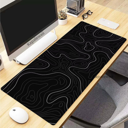XXL Black and White Topographic Map Art Mouse Pad - 900x400mm Rubber Gaming Mouse Mat and Keyboard Accessory